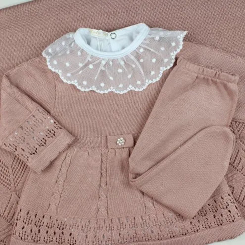 Saída De Maternidade Feminina Bebê Tricô 7 Peças Helena - ACOMPANHA BODY RENDA POÁ Rosê