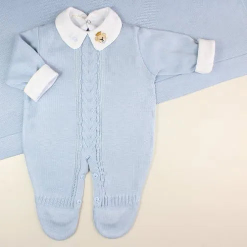 Saída De Maternidade Masculina Bebê Tricô 7 Peças Londres - ACOMPANHA BODY PERSONALIZADO Azul Salina