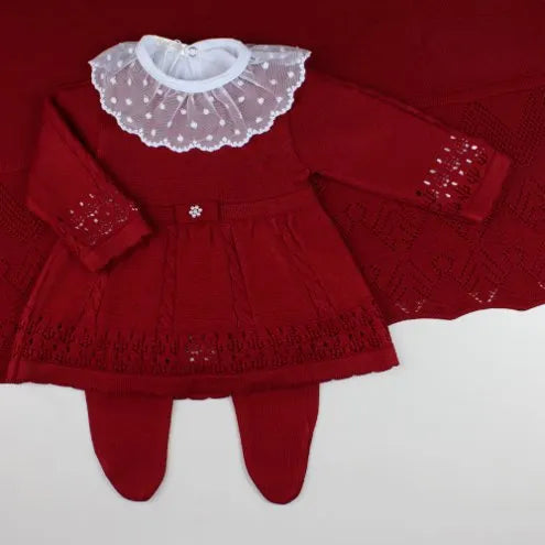 Saída De Maternidade Feminina Bebê Tricô 7 Peças Helena - ACOMPANHA BODY RENDA POÁ Vermelha