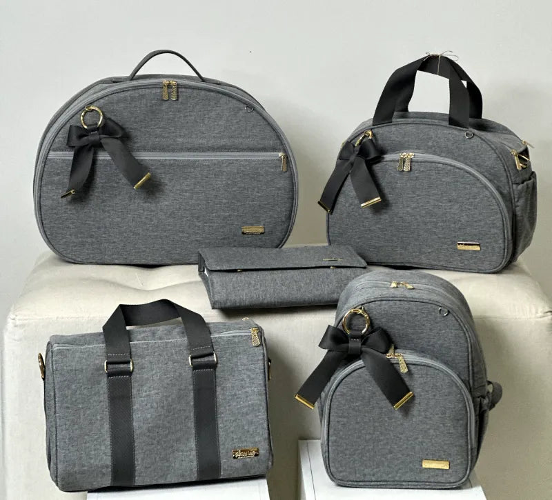 Kit Maternidade - Linho Cinza com Fitas Cinza Chumbo